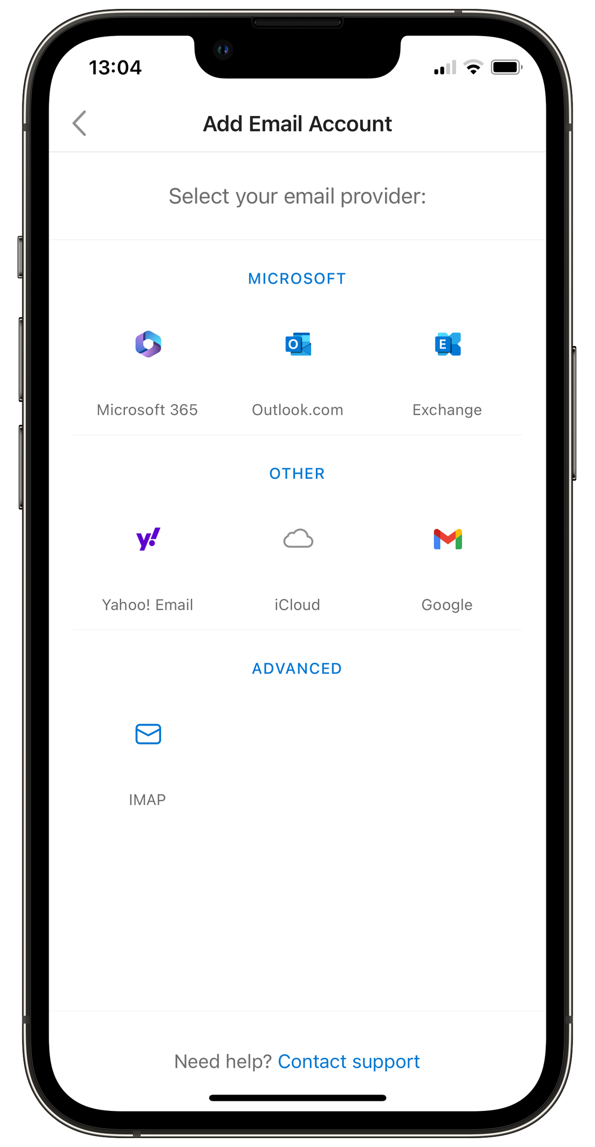 Phone with "Add Email Account" and email applications (Microsoft 365, Outlook, Exchange, Yahoo Email, iCloud, Google, IMAP)